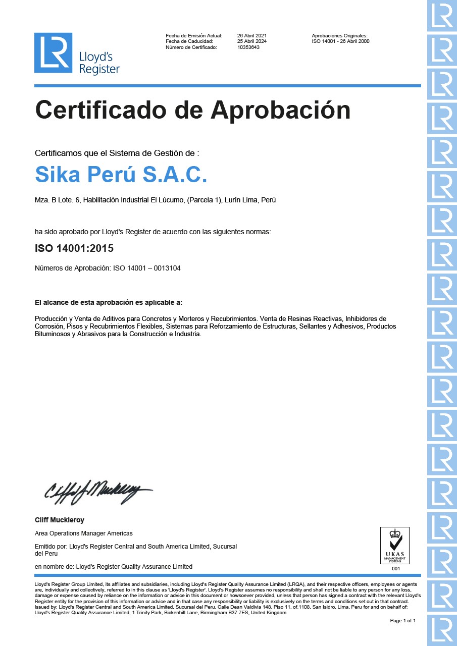 Certificado ISO 14001 Sika Perú