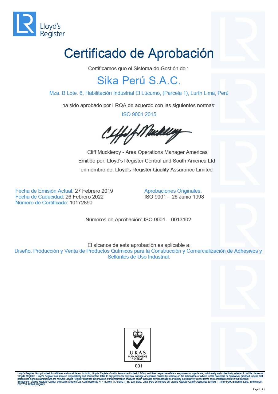 Certificado ISO 9001 Sika Perú
